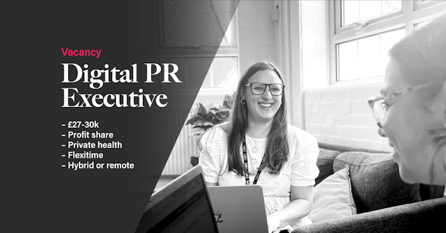 Vacancy: Digital PRExecutive. £27-30k– Profit share– Private health– Flexitime– Hybrid or remote. Two candour employees smiling as they work together on sofas.