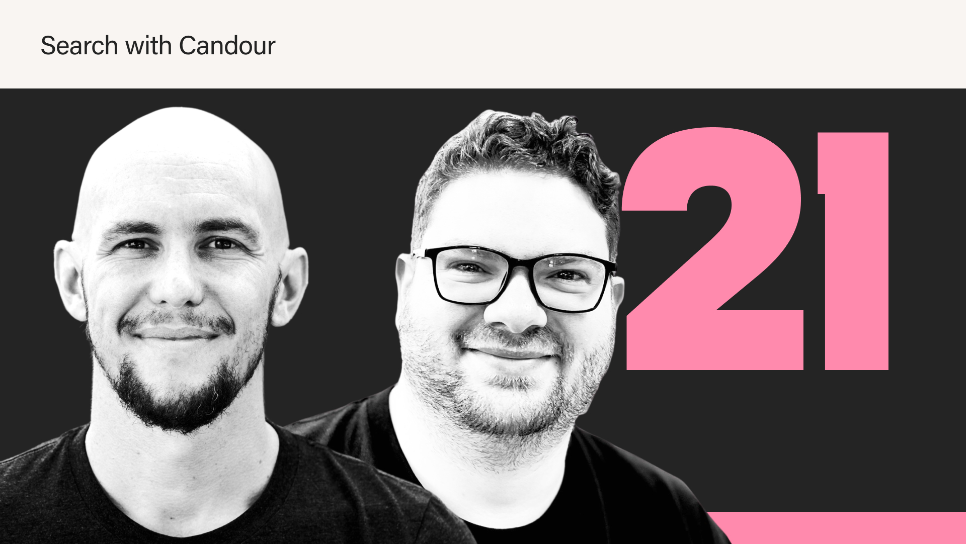 Close-up of two smiling men, a large pink 